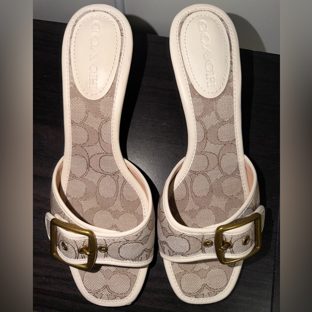 Coach Signature Beige & White Buckle Slide Mules